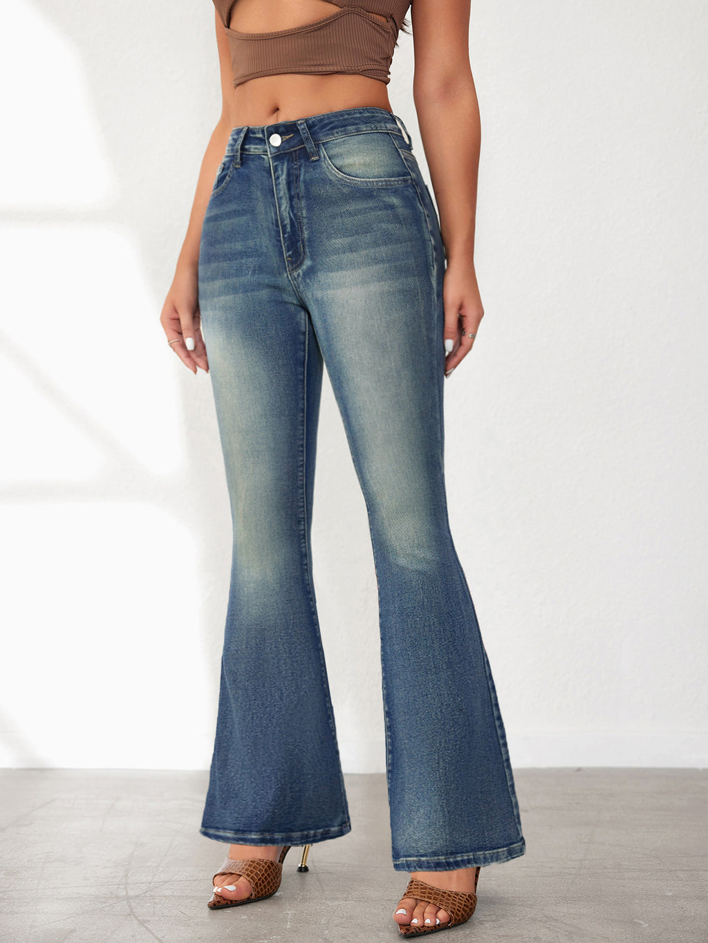 Distressed High Rise Flare Bootcut Jeans - Blue