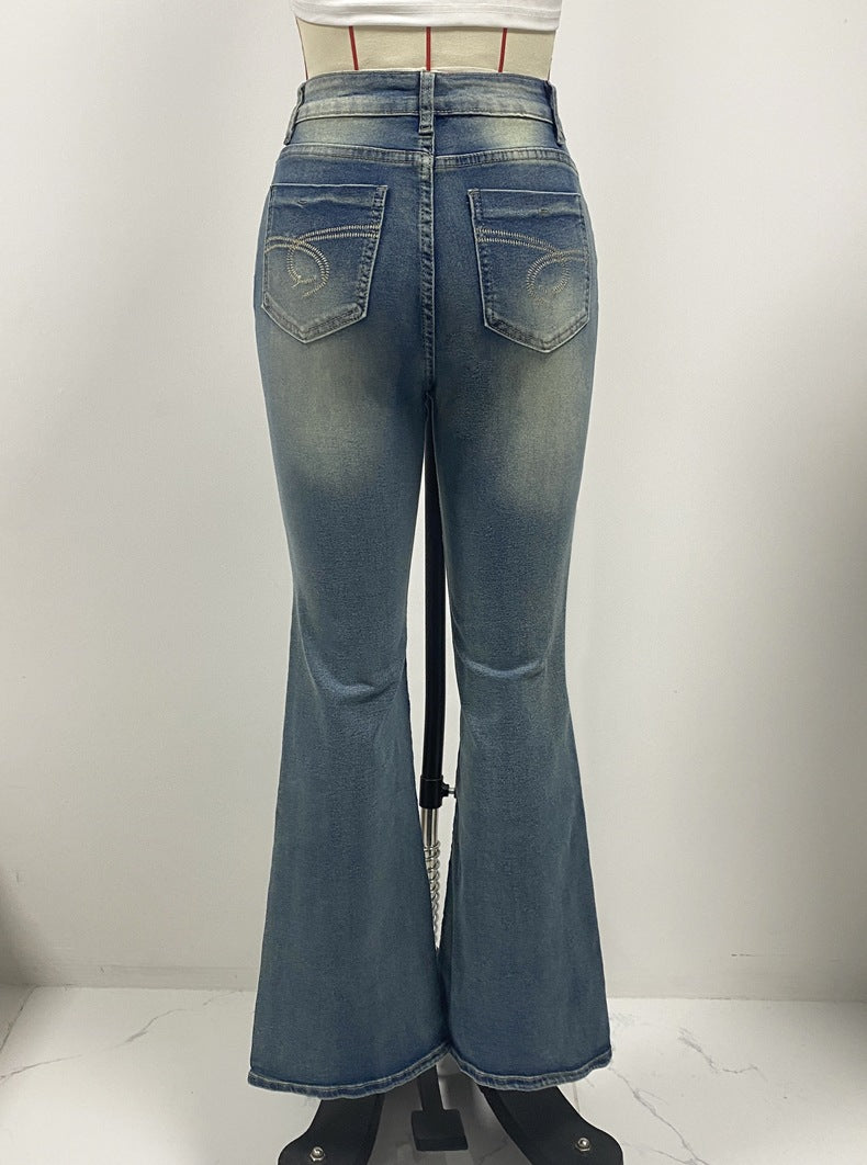 Distressed High Rise Flare Bootcut Jeans - Blue - 3