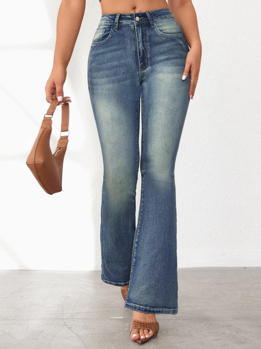 Distressed High Rise Flare Bootcut Jeans - Blue - 4