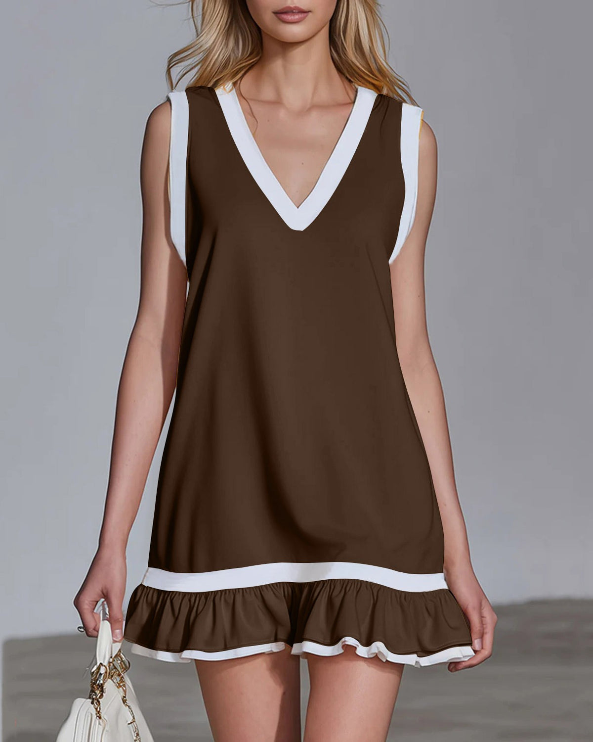 Sporty Contrast Piping Ruffle Hem Mini Dress - Coffee