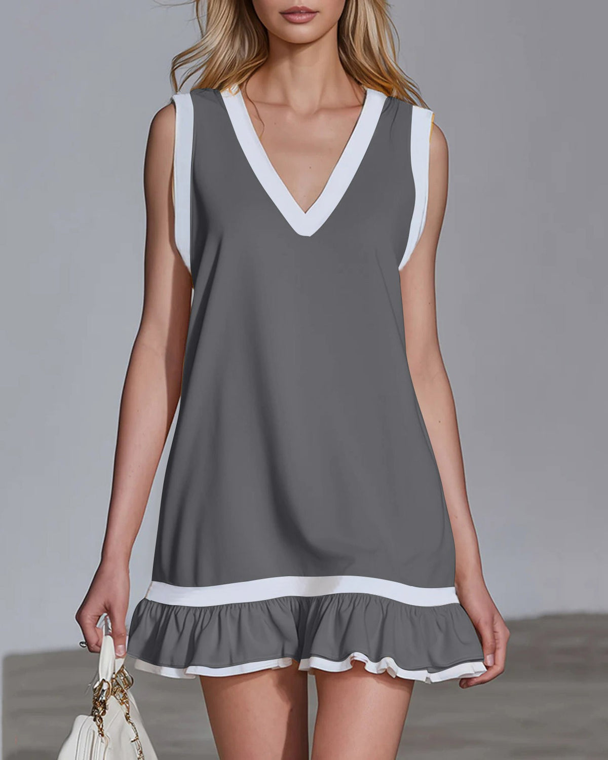 Sporty Contrast Piping Ruffle Hem Mini Dress - Dark-Gray