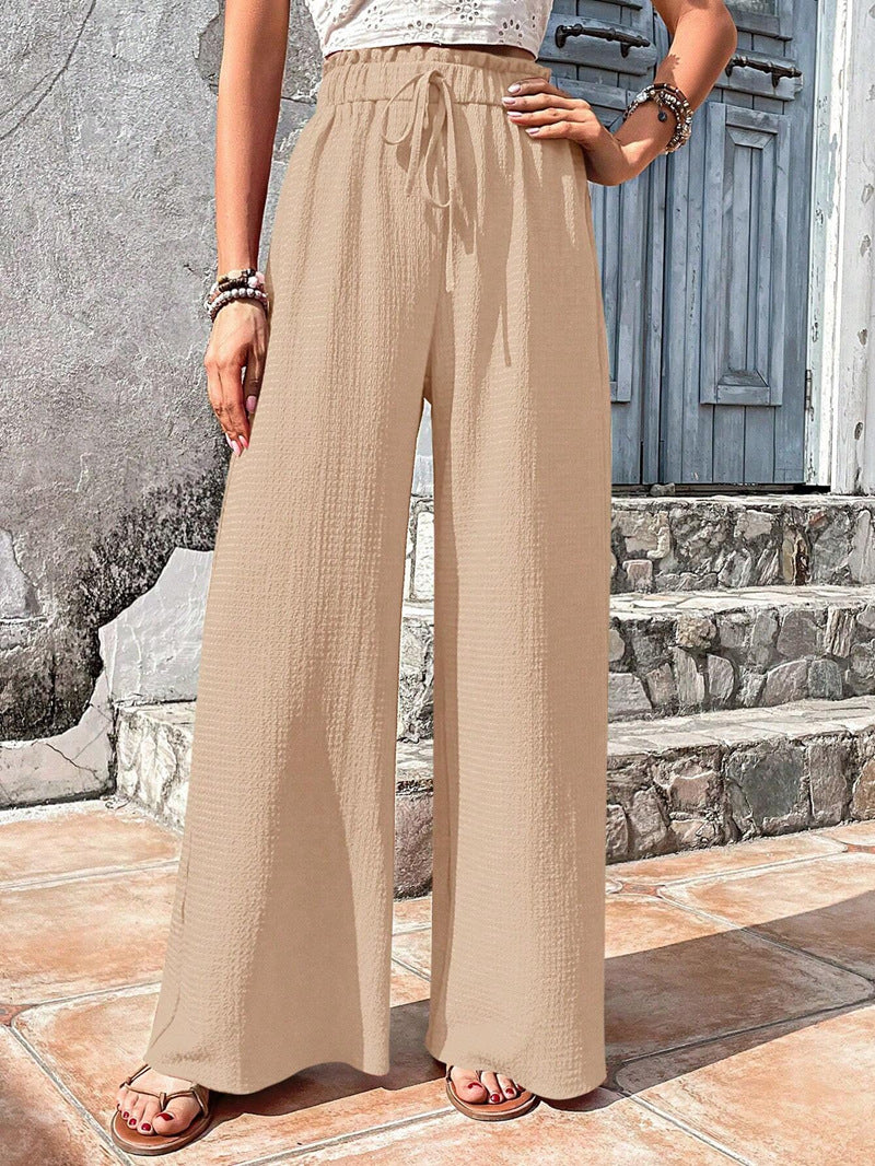 Drawstring Elastic Waist Crinkle Wide Leg Pants - Apricot - 1