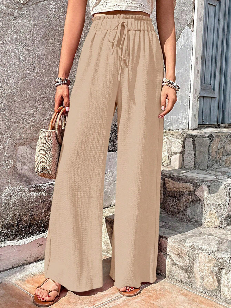 Drawstring Elastic Waist Crinkle Wide Leg Pants - Apricot - 2