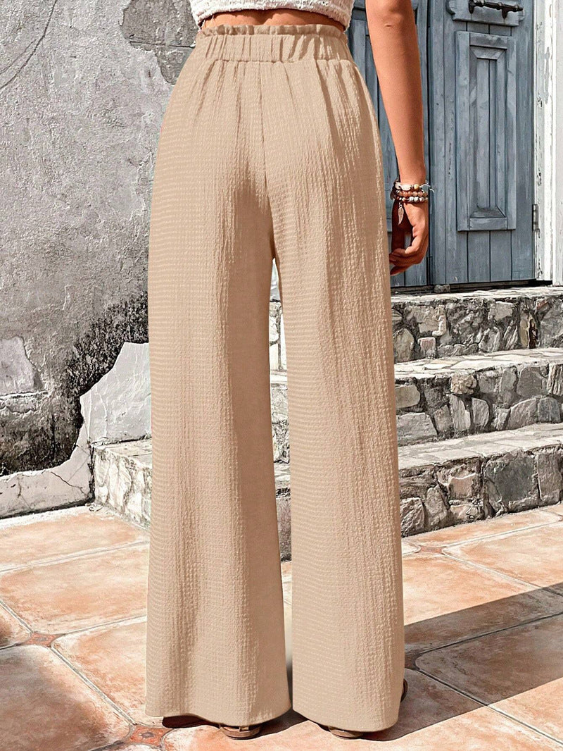 Drawstring Elastic Waist Crinkle Wide Leg Pants - Apricot - 4