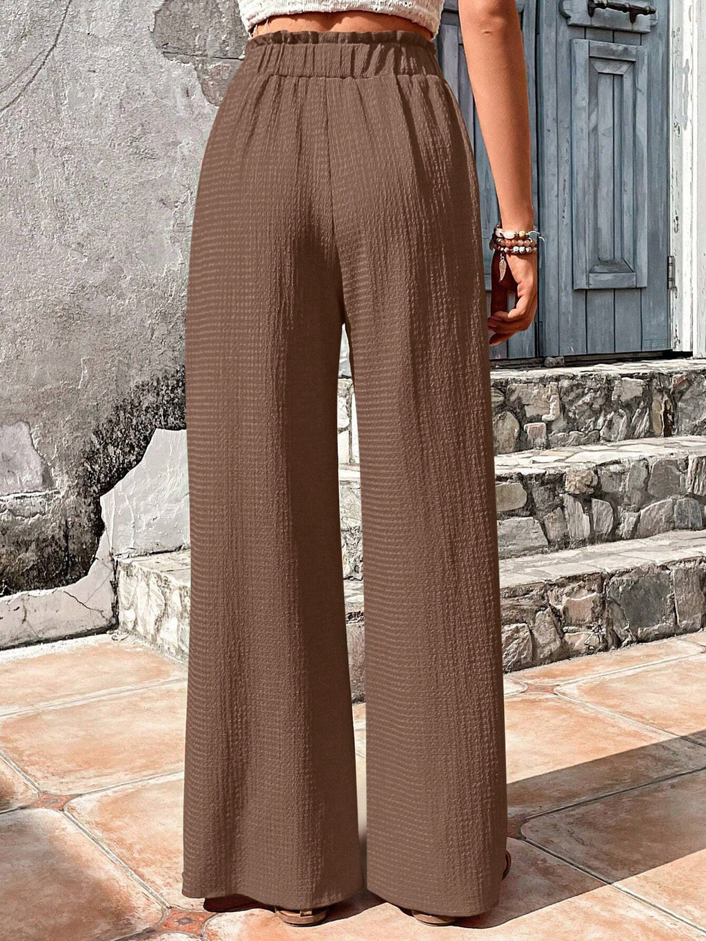 Drawstring Elastic Waist Crinkle Wide Leg Pants - Coffee - 2