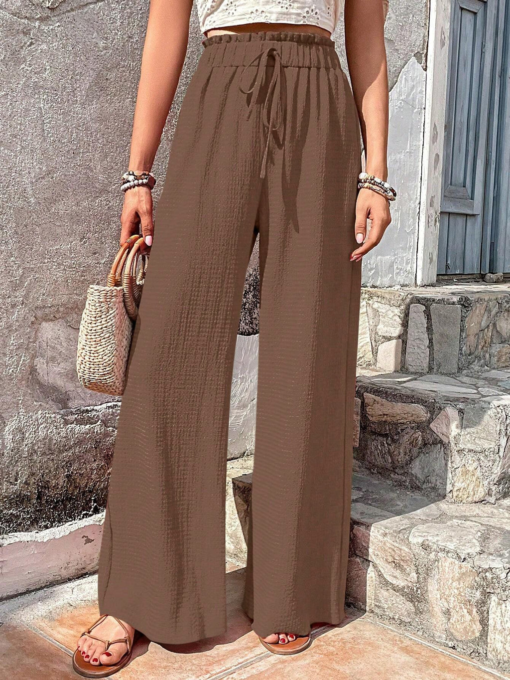 Drawstring Elastic Waist Crinkle Wide Leg Pants - Coffee - 4