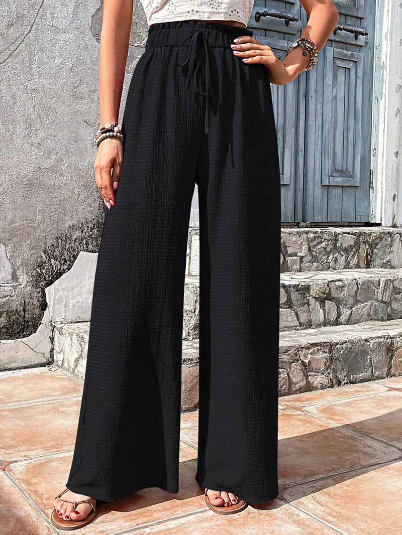 Drawstring Elastic Waist Crinkle Wide Leg Pants - black