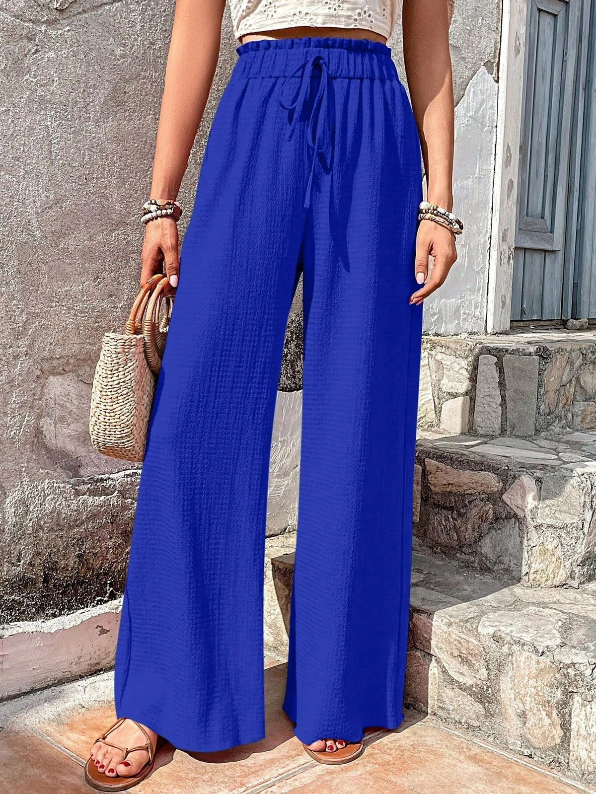 Drawstring Elastic Waist Crinkle Wide Leg Pants - blue - 1