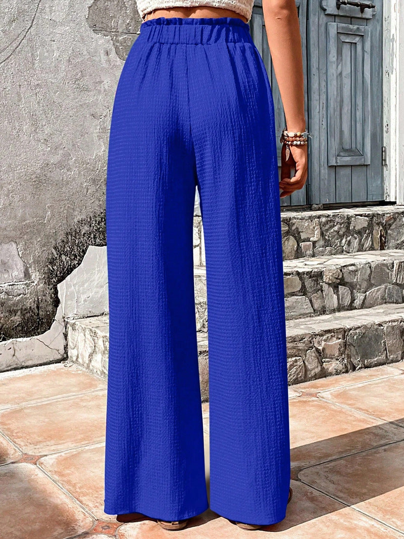 Drawstring Elastic Waist Crinkle Wide Leg Pants - blue - 3