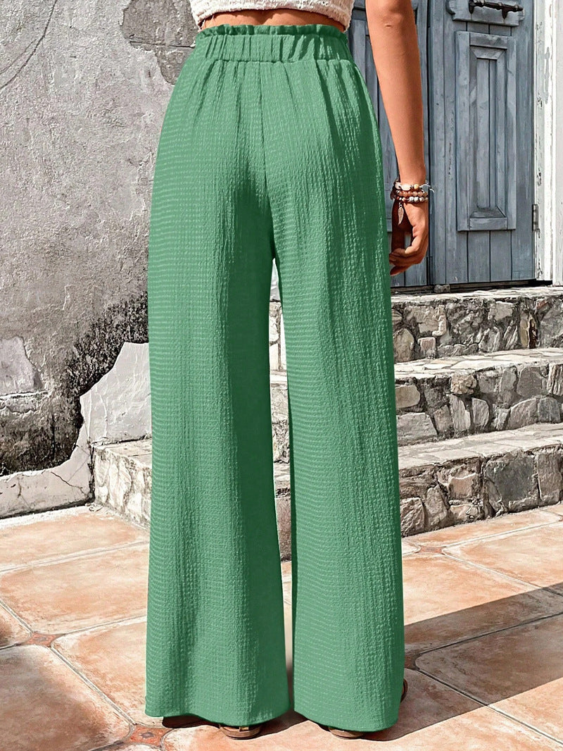 Drawstring Elastic Waist Crinkle Wide Leg Pants - green - 2