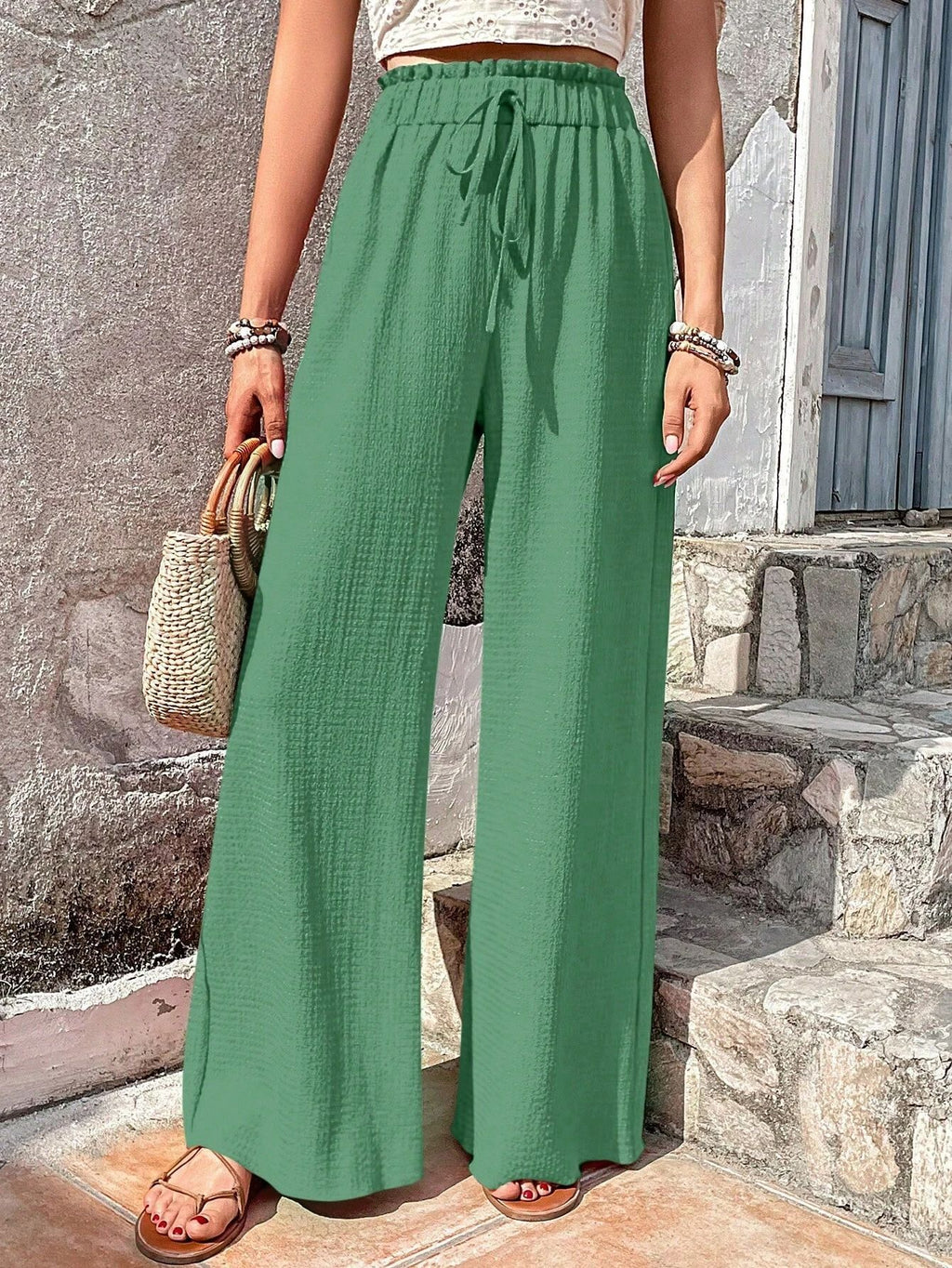 Drawstring Elastic Waist Crinkle Wide Leg Pants - green - 5