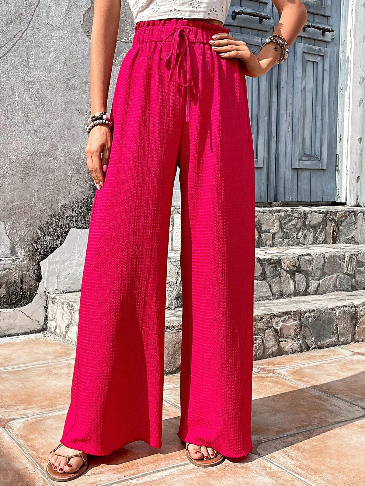 Drawstring Elastic Waist Crinkle Wide Leg Pants - red