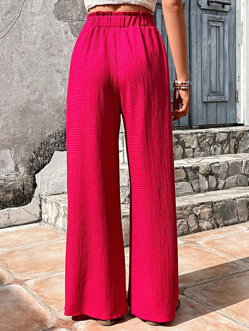 Drawstring Elastic Waist Crinkle Wide Leg Pants - red - 2