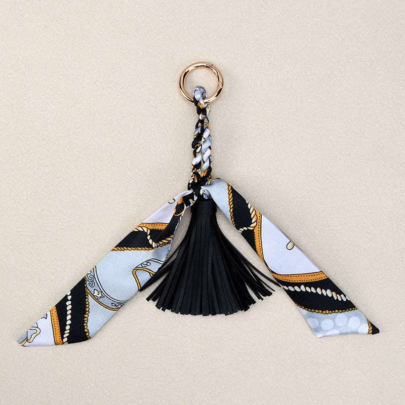Silky Scarf Tassel Bag Charm Keychain - Black