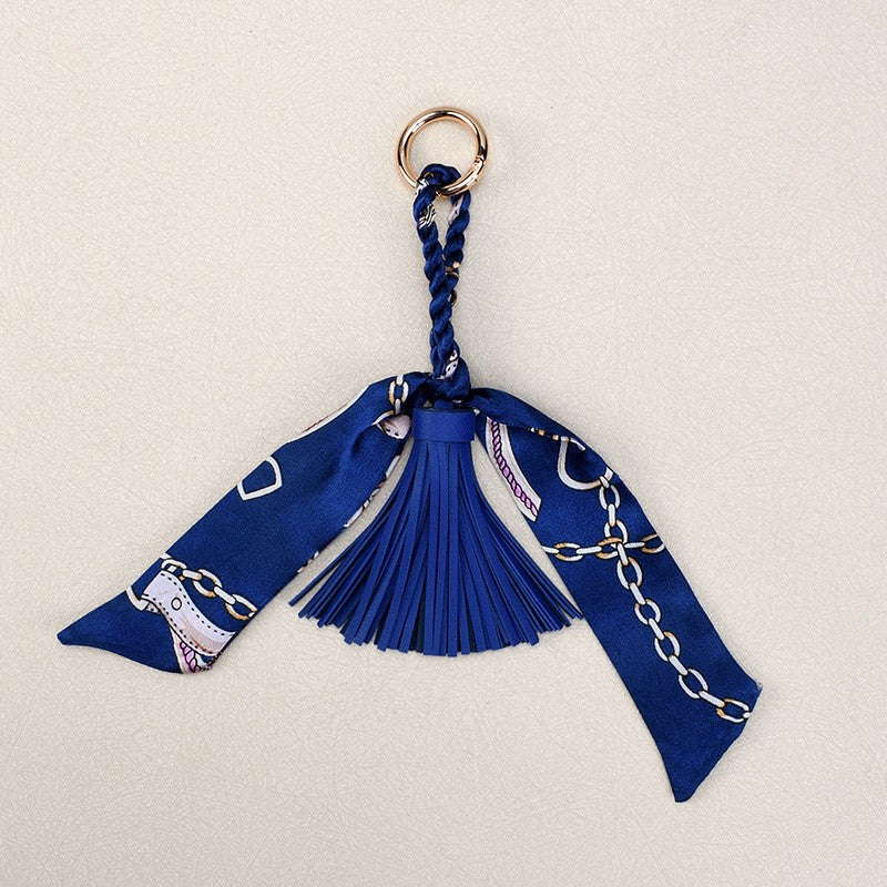 Silky Scarf Tassel Bag Charm Keychain - Blue