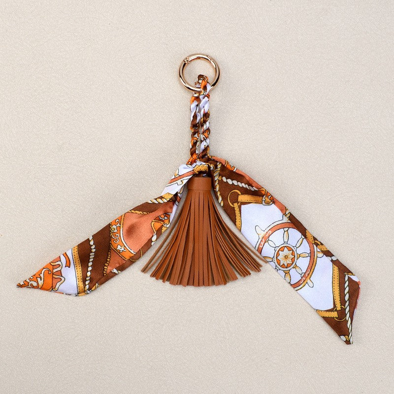 Silky Scarf Tassel Bag Charm Keychain - Brown