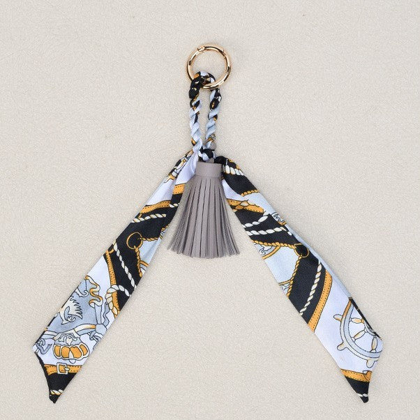 Silky Scarf Tassel Bag Charm Keychain - Grey