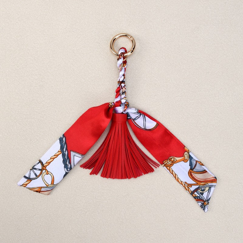 Silky Scarf Tassel Bag Charm Keychain - Red