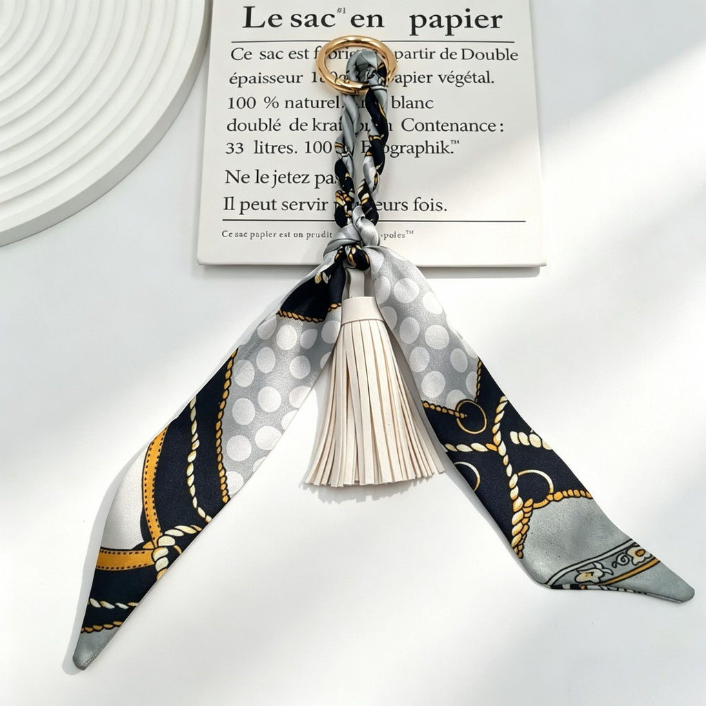 Silky Scarf Tassel Bag Charm Keychain - White
