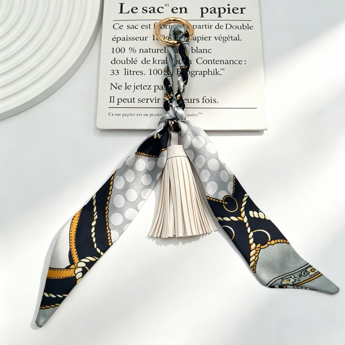 Silky Scarf Tassel Bag Charm Keychain - White