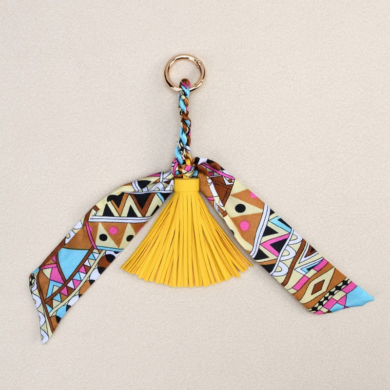 Silky Scarf Tassel Bag Charm Keychain - Yellow