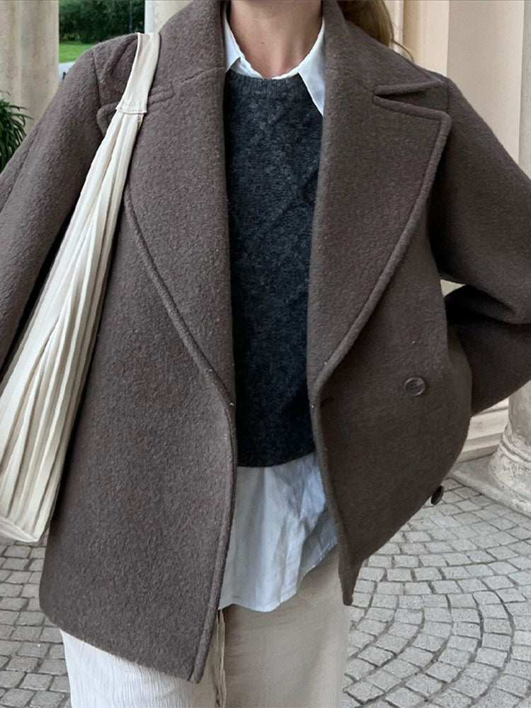 Short Double Breasted Wool Blend Coat - Brown - 10