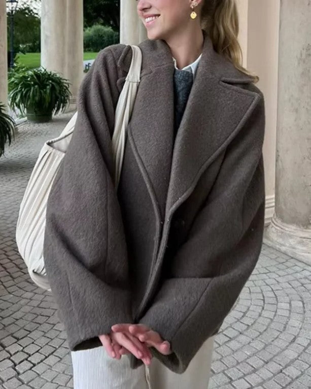 Short Double Breasted Wool Blend Coat - Brown - 7