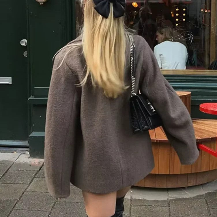 Short Double Breasted Wool Blend Coat - Brown - 8