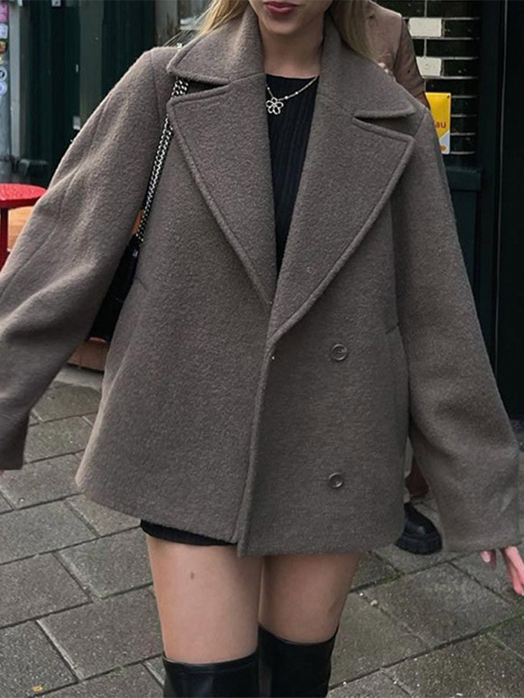 Short Double Breasted Wool Blend Coat - Brown - 9
