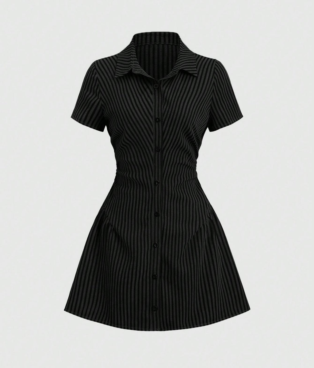 Striped Collared Mini Shirt Dress With Flared Hem - Black