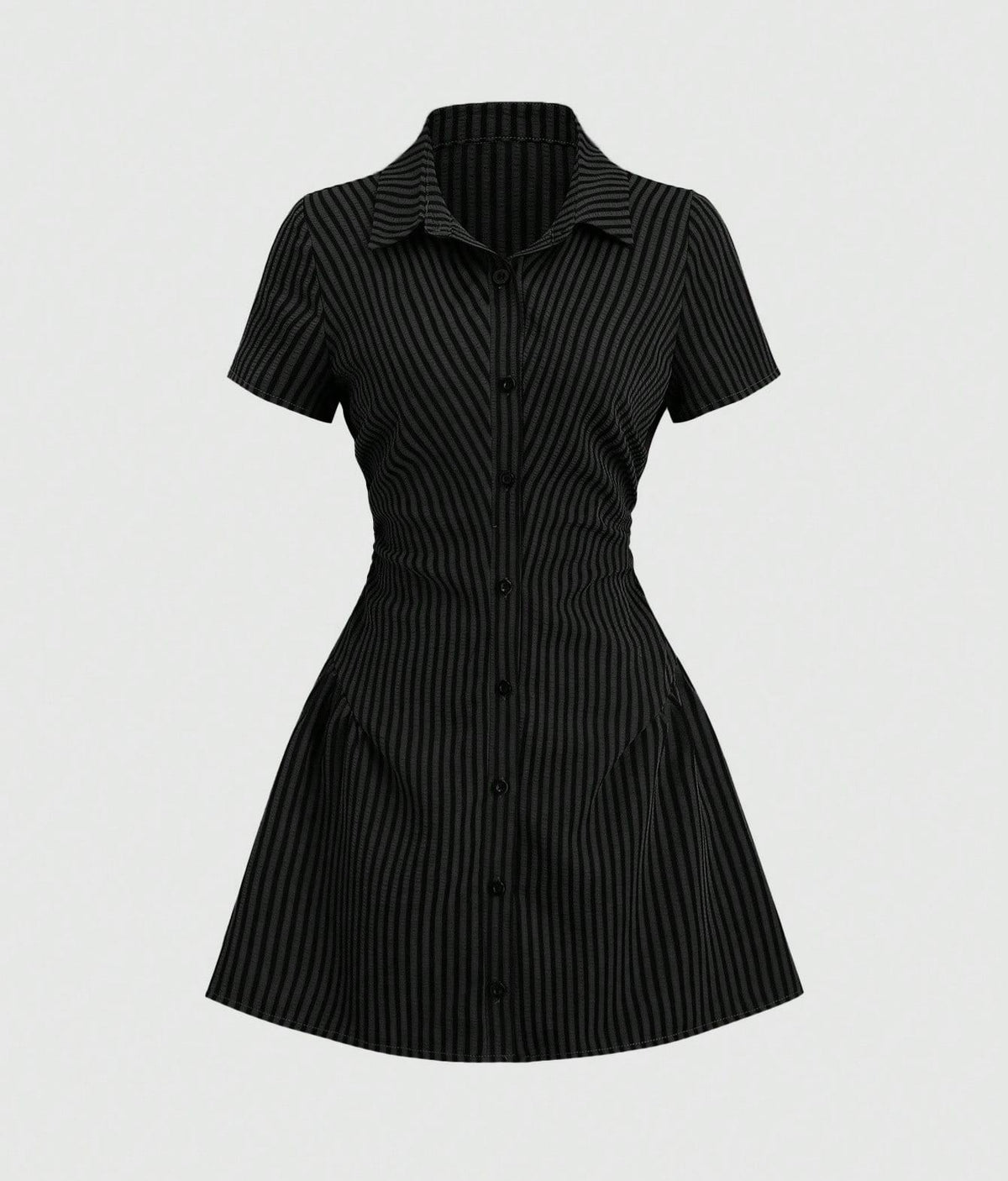 Striped Collared Mini Shirt Dress With Flared Hem - Black