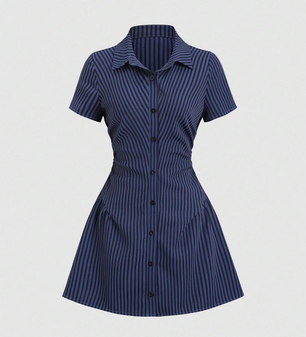 Striped Collared Mini Shirt Dress With Flared Hem - Navyblue