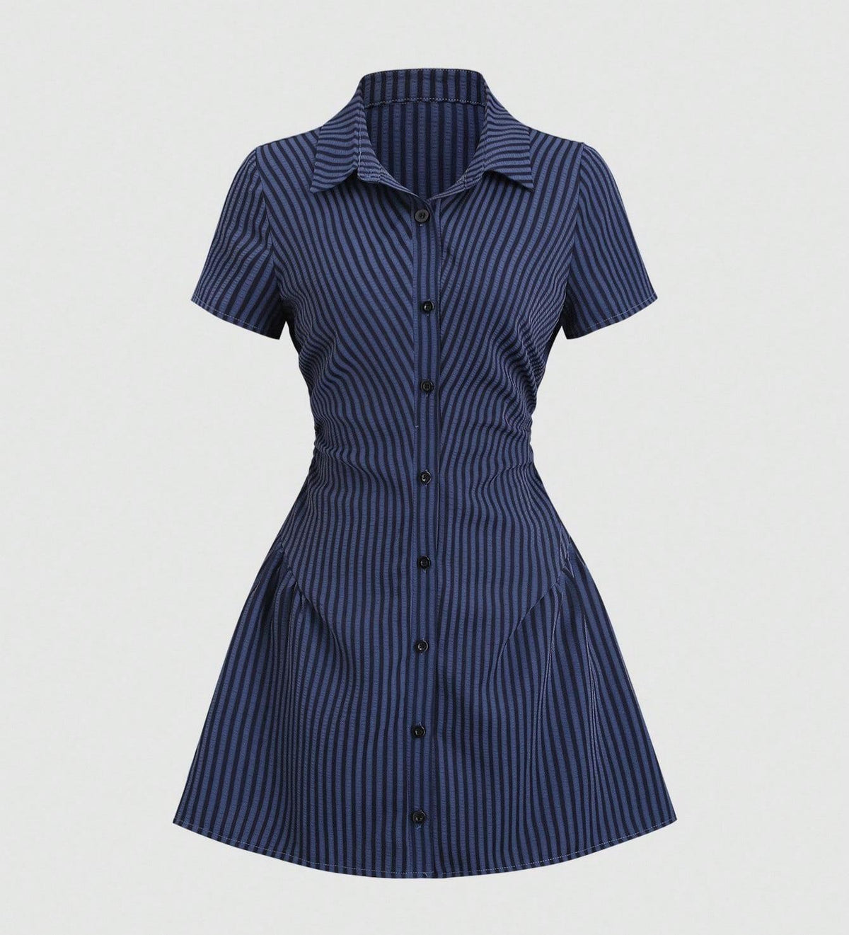 Striped Collared Mini Shirt Dress With Flared Hem - Navyblue