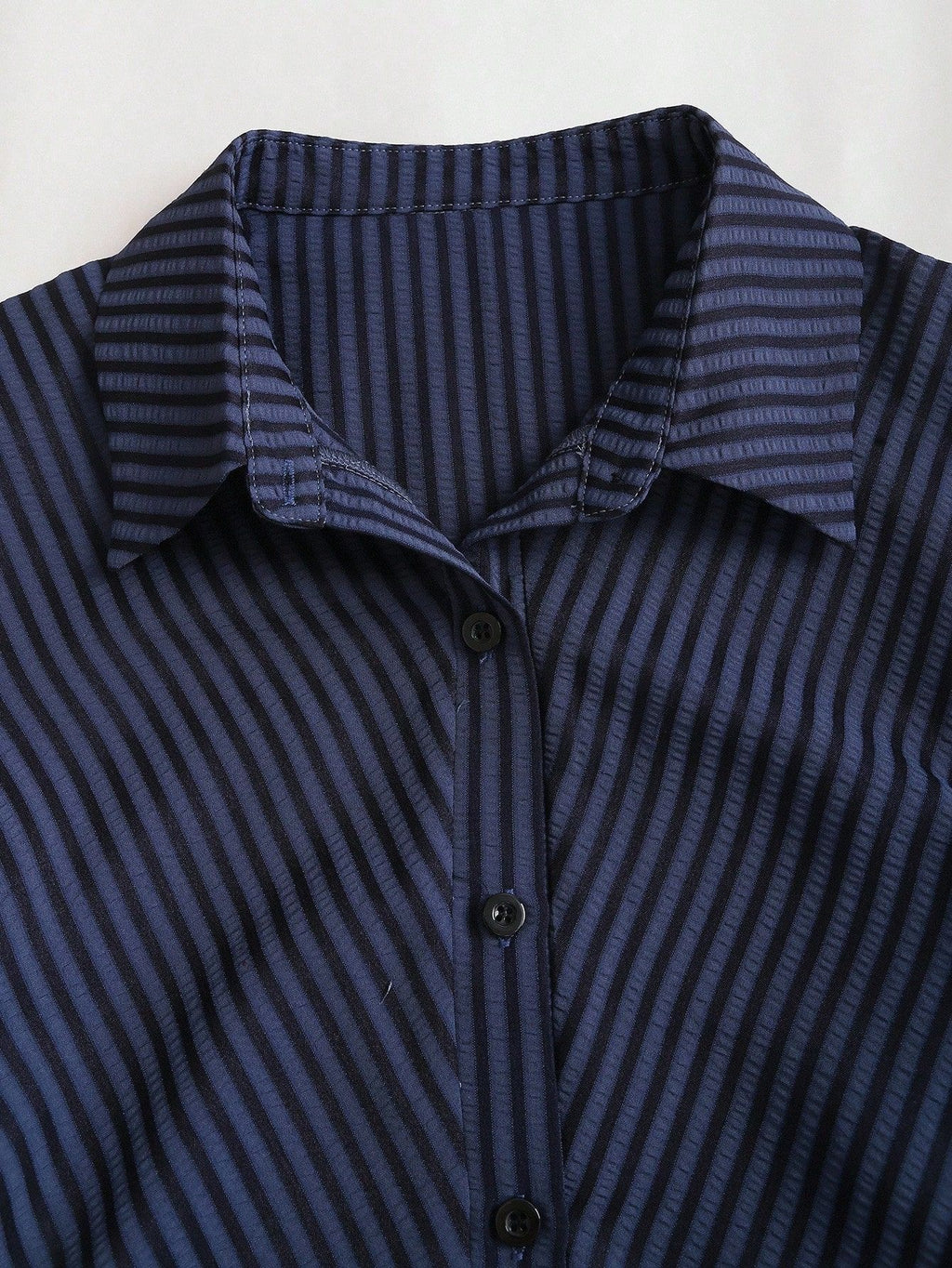 Striped Collared Mini Shirt Dress With Flared Hem - Navyblue - 1