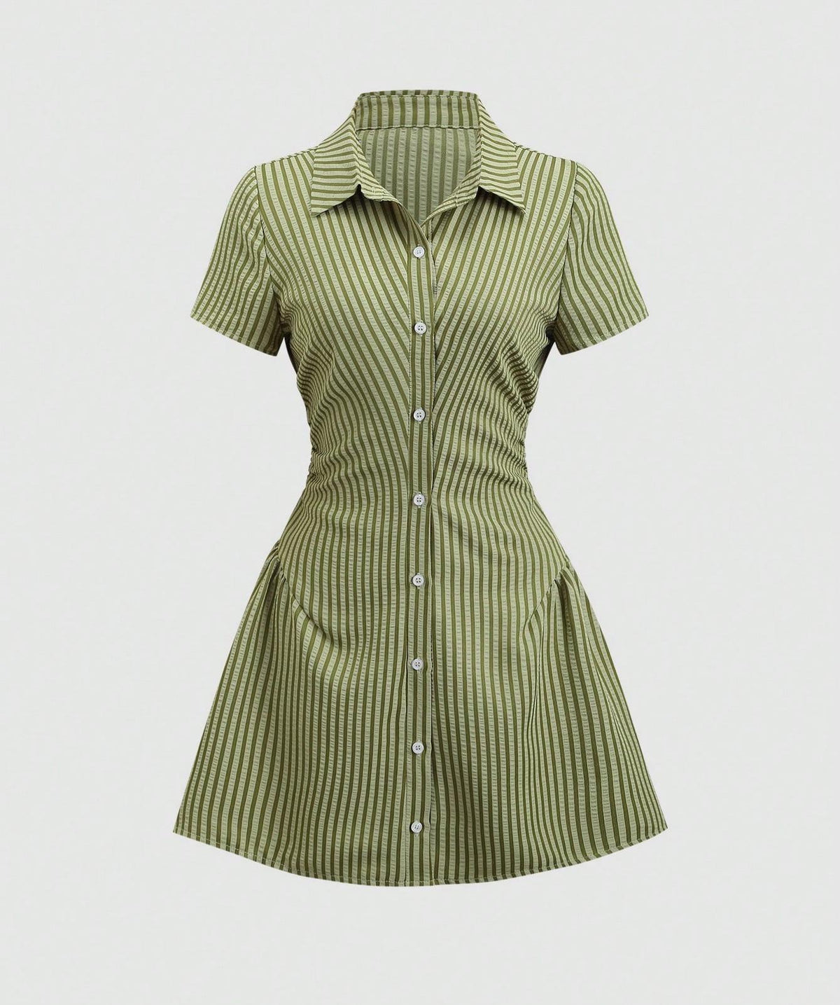 Striped Collared Mini Shirt Dress With Flared Hem - Olive