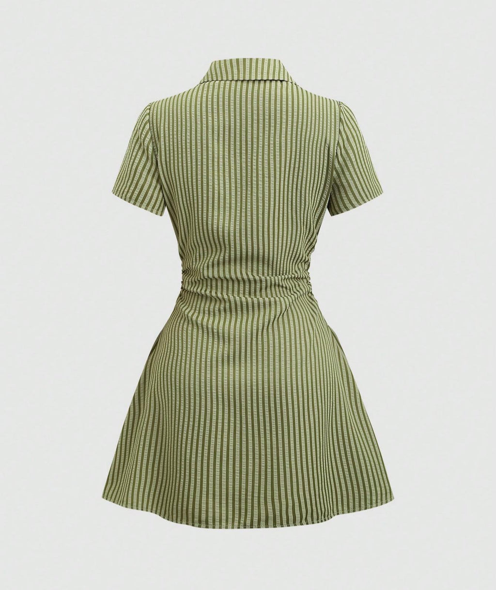 Striped Collared Mini Shirt Dress With Flared Hem - Olive - 1