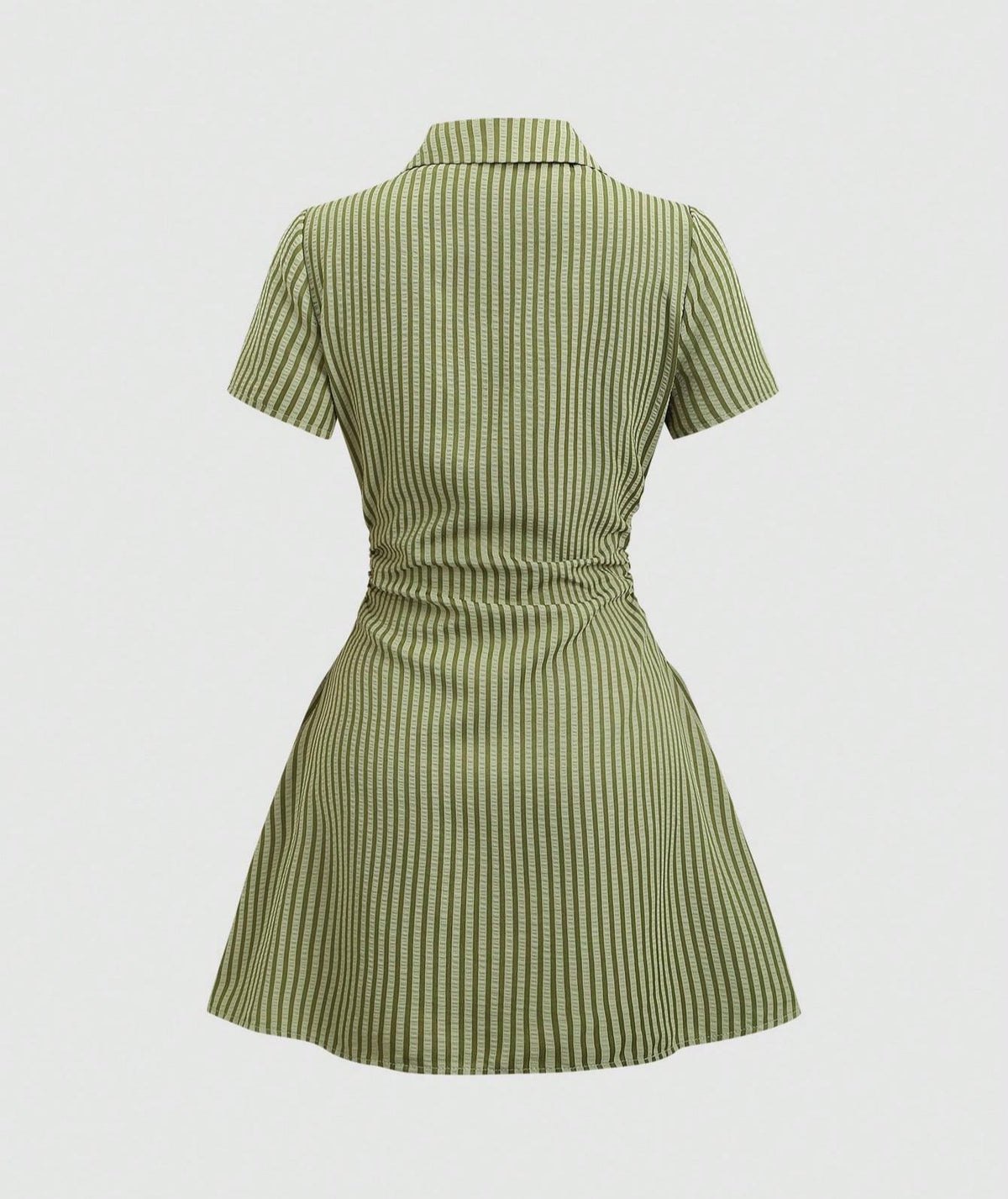 Striped Collared Mini Shirt Dress With Flared Hem - Olive - 1