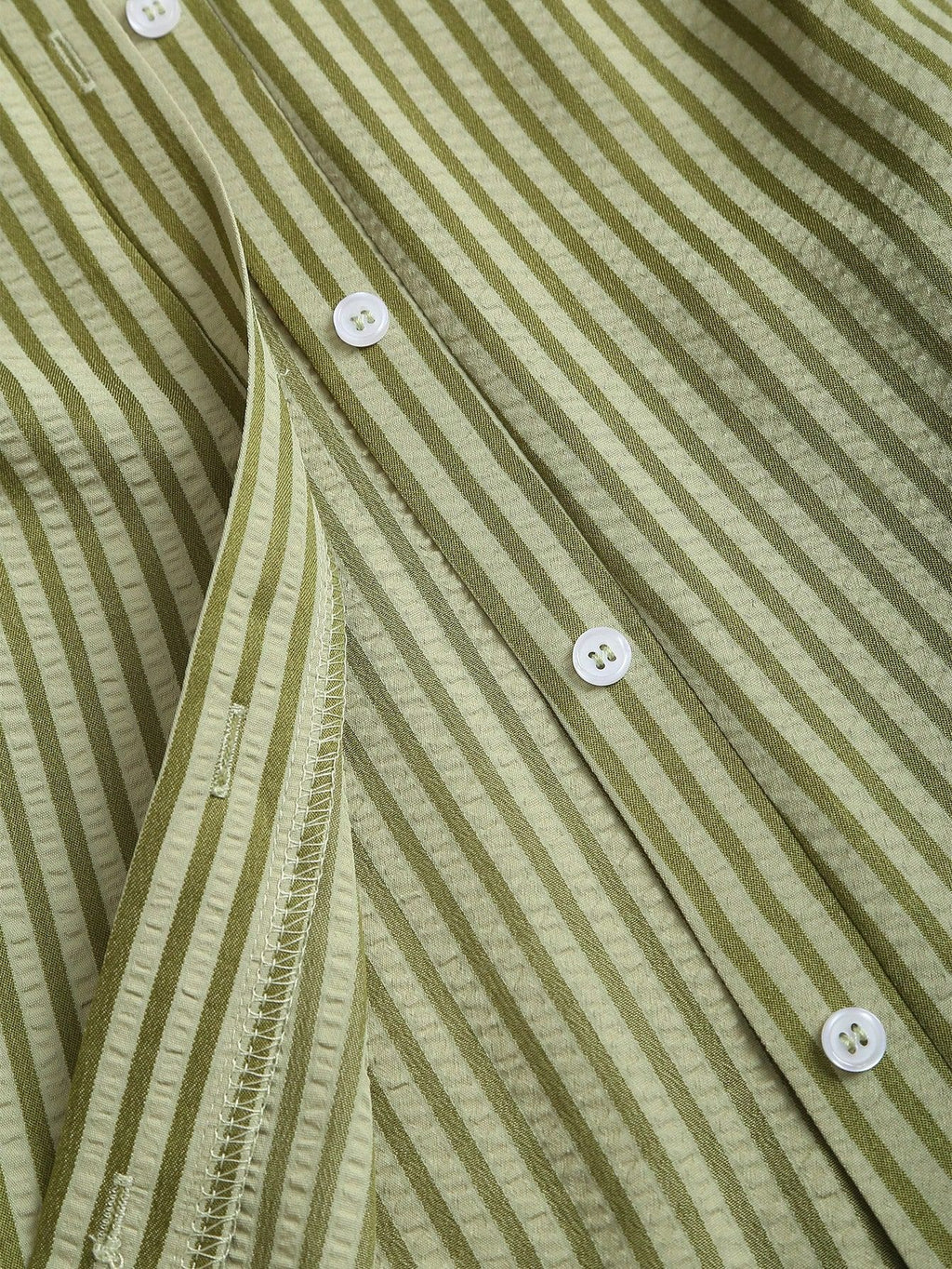 Striped Collared Mini Shirt Dress With Flared Hem - Olive - 2