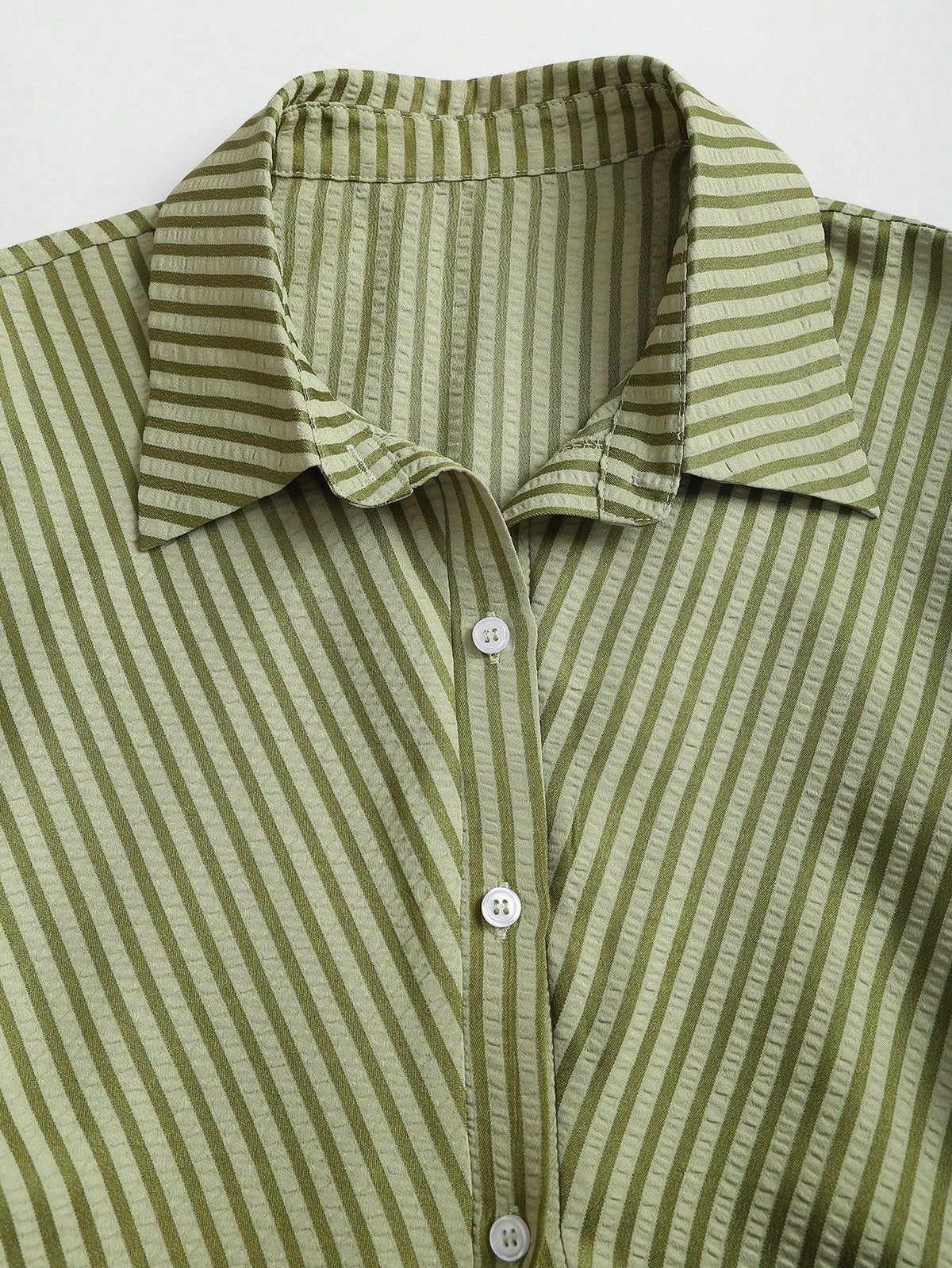 Striped Collared Mini Shirt Dress With Flared Hem - Olive - 4