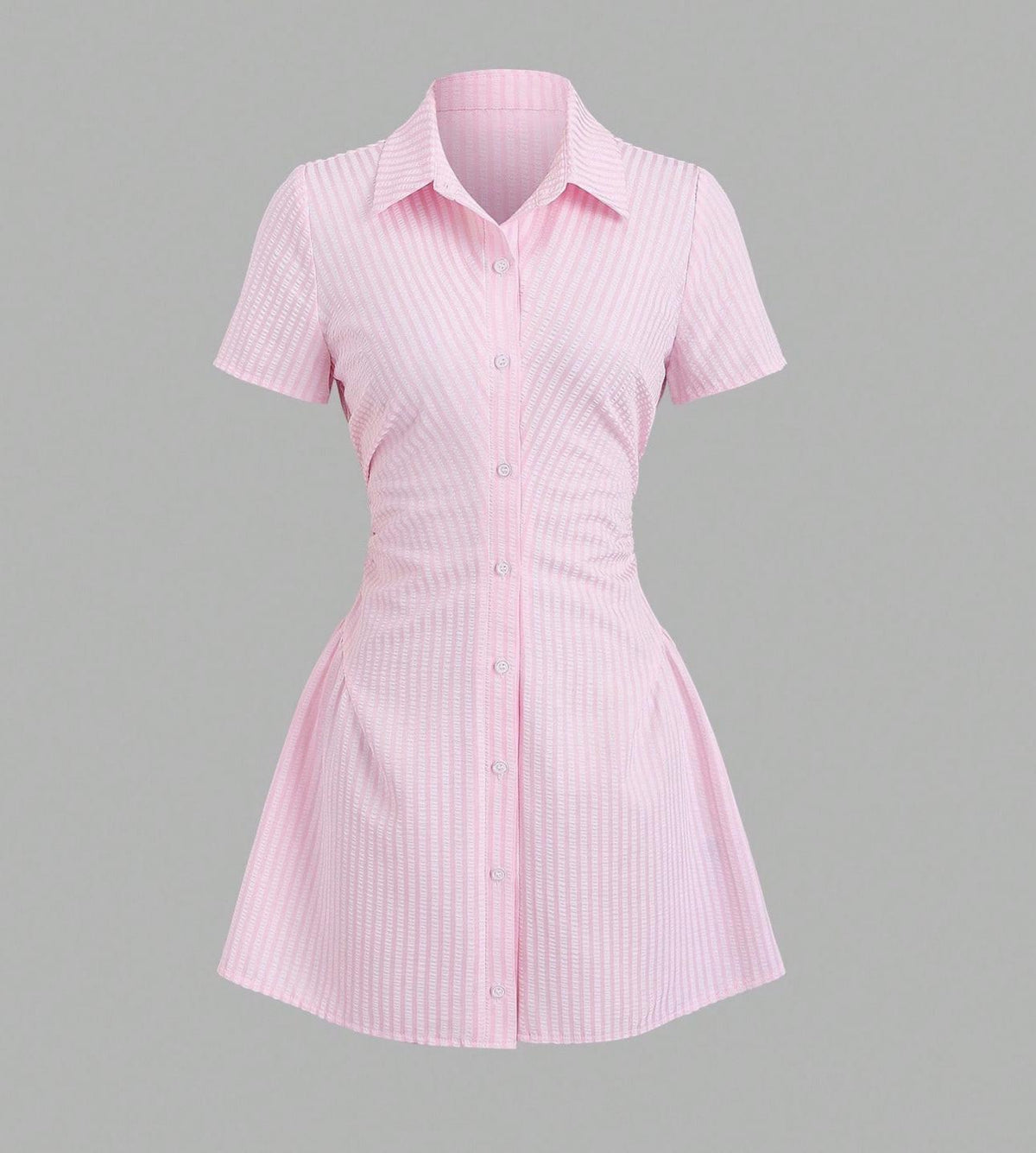 Striped Collared Mini Shirt Dress With Flared Hem - Pink