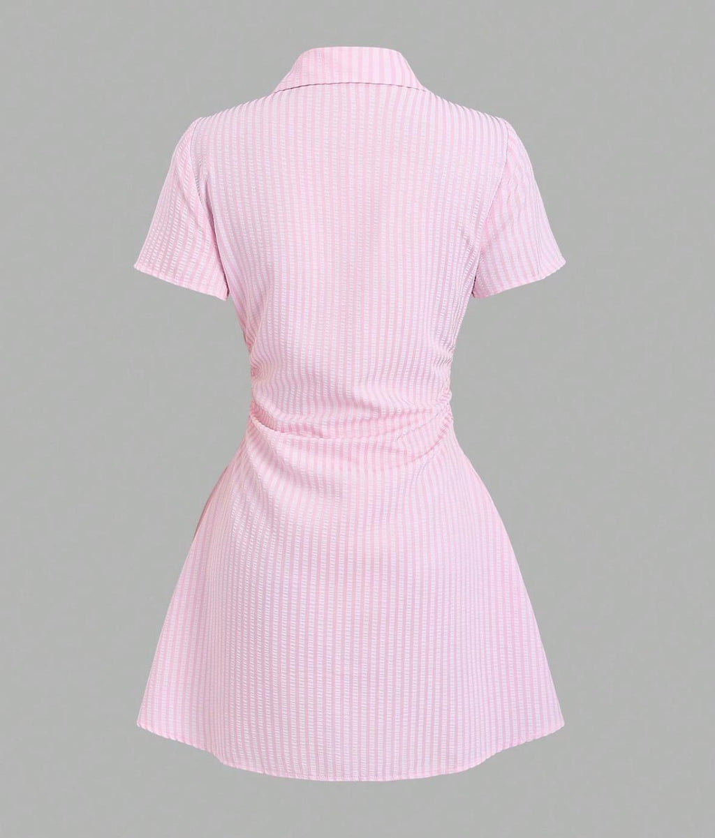 Striped Collared Mini Shirt Dress With Flared Hem - Pink - 1