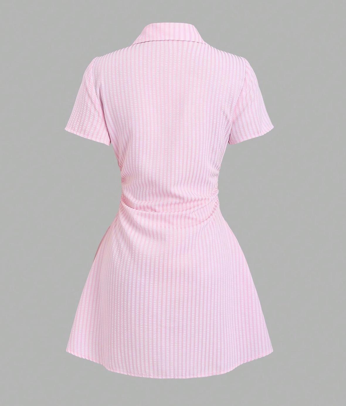 Striped Collared Mini Shirt Dress With Flared Hem - Pink - 1