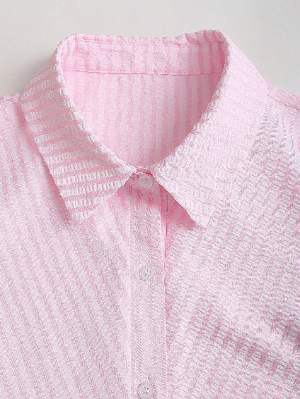 Striped Collared Mini Shirt Dress With Flared Hem - Pink - 4