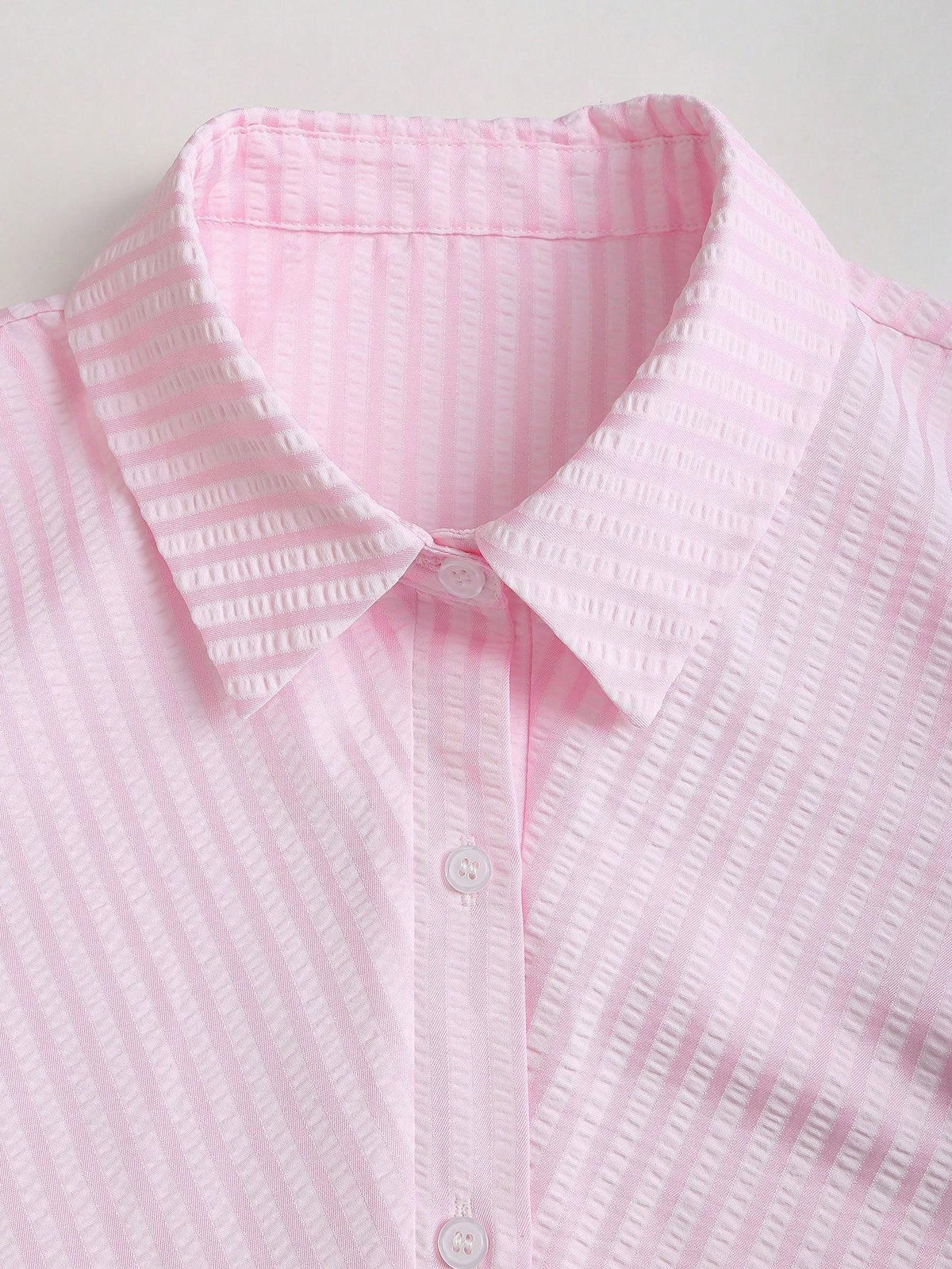 Striped Collared Mini Shirt Dress With Flared Hem - Pink - 4