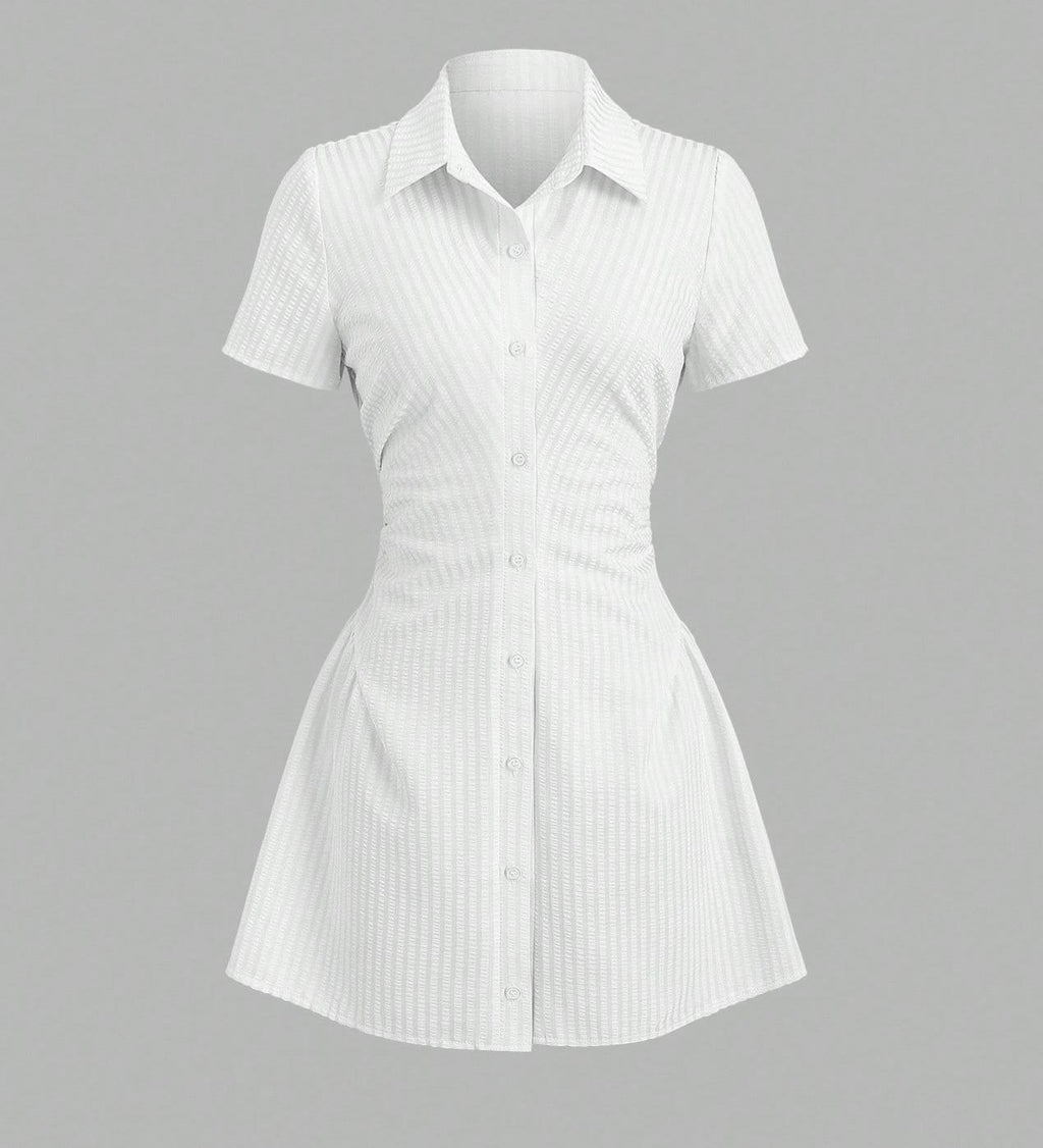 Striped Collared Mini Shirt Dress With Flared Hem - White