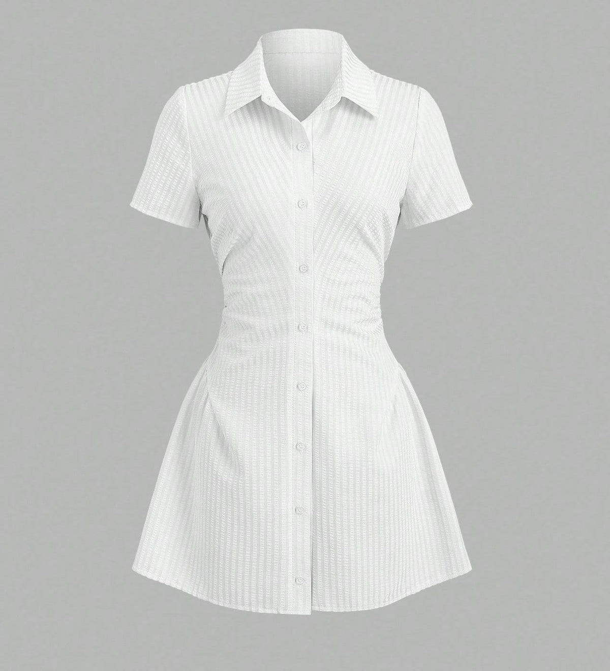 Striped Collared Mini Shirt Dress With Flared Hem - White