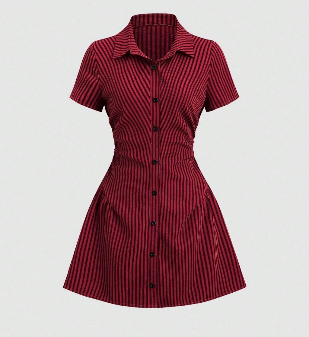 Striped Collared Mini Shirt Dress With Flared Hem - Wine_red