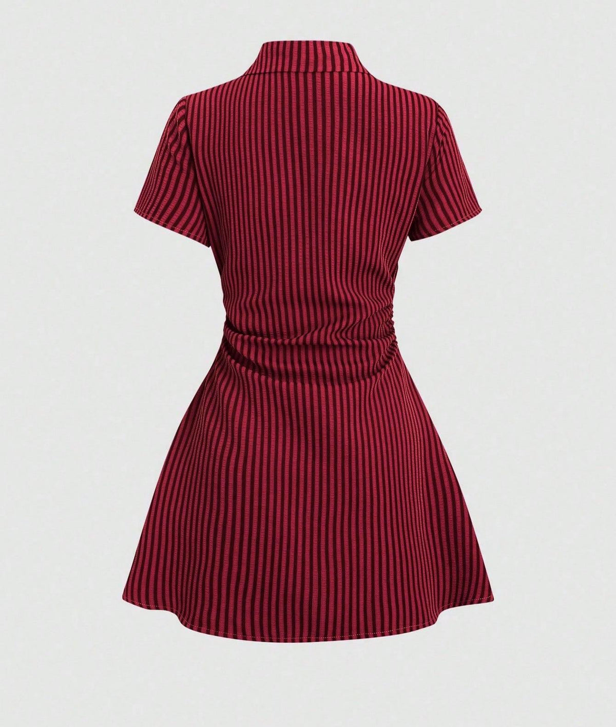 Striped Collared Mini Shirt Dress With Flared Hem - Wine_red - 1