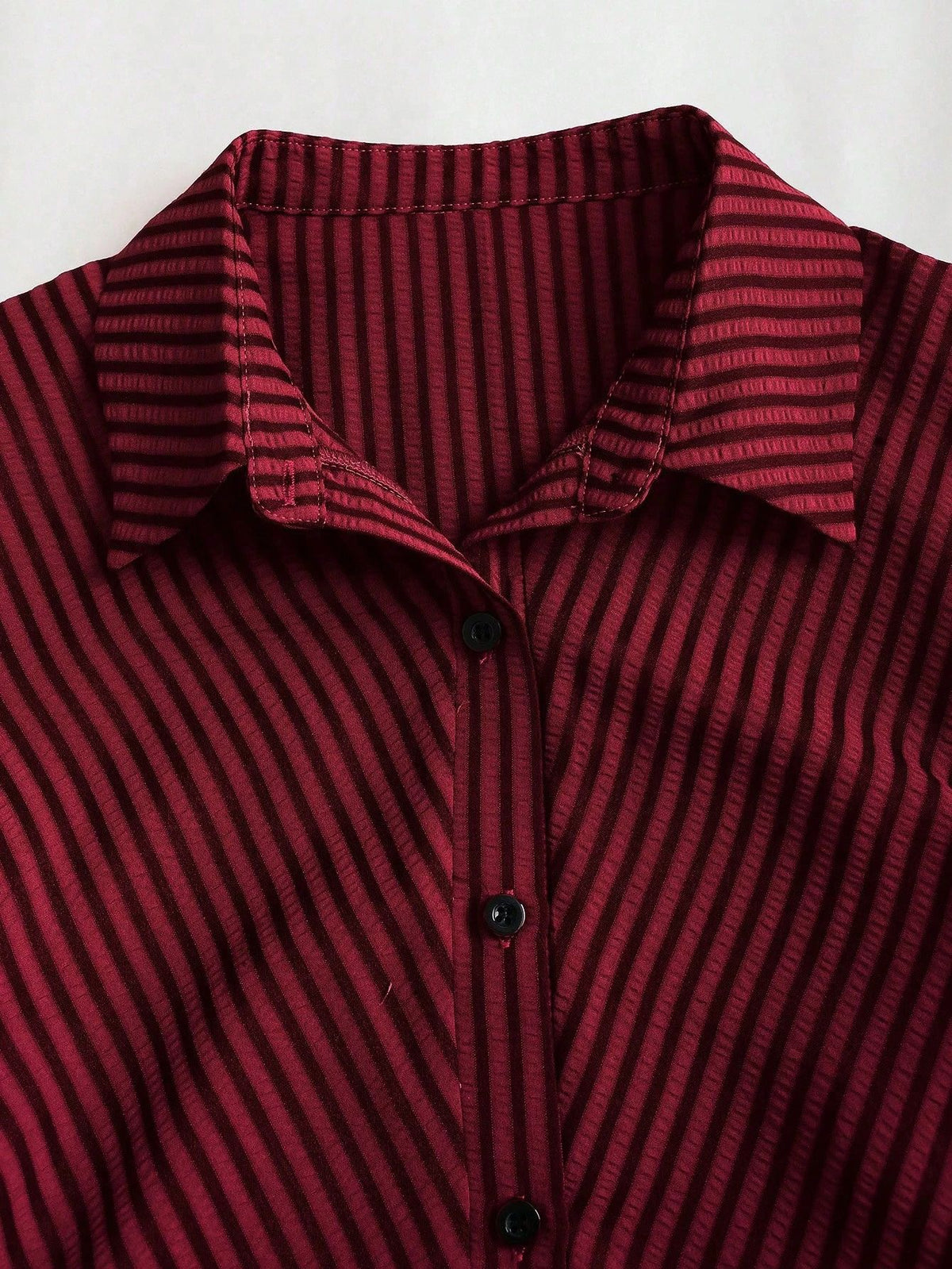 Striped Collared Mini Shirt Dress With Flared Hem - Wine_red - 2