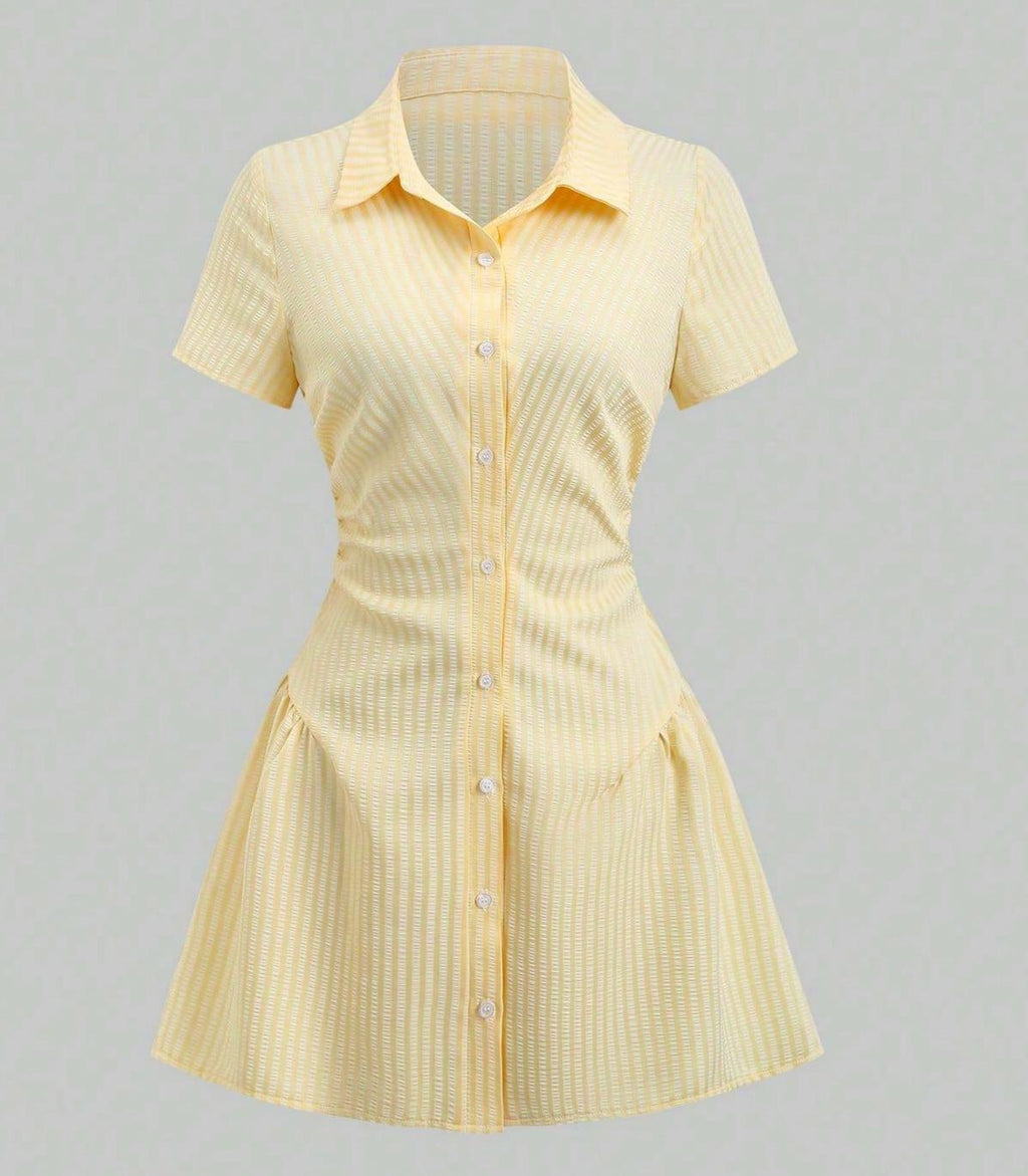 Striped Collared Mini Shirt Dress With Flared Hem - Yellow - 1